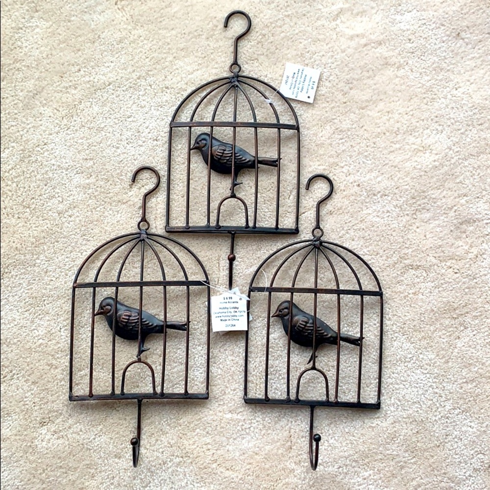 Bird in Cage (3) Bronze Hook Metal wall decor